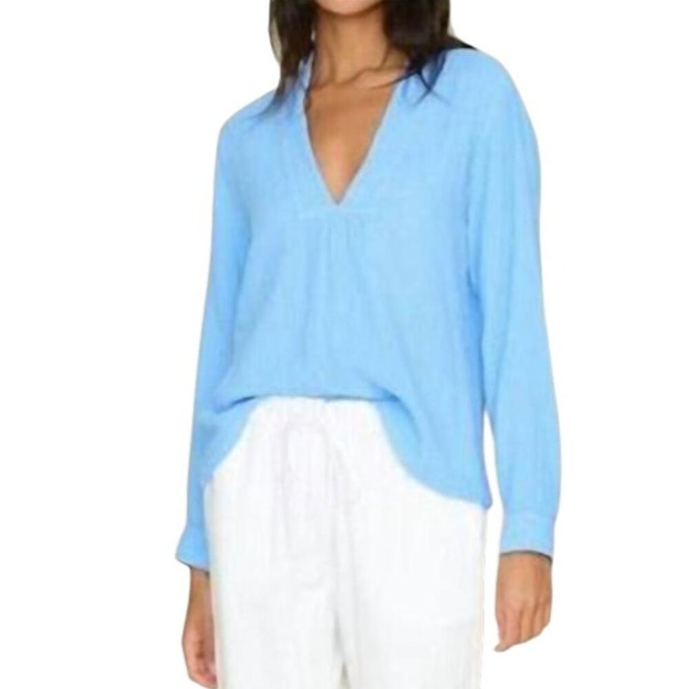 XiRENA Blue Cotton Gauze Hutton V Neck Long Sleeve Popover Top